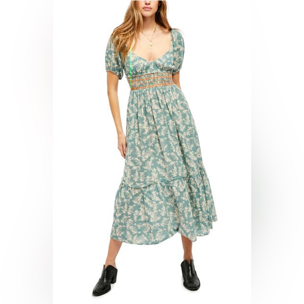 Free People Ellie Floral-print Gauze Midi Dress In Soft Seafoam